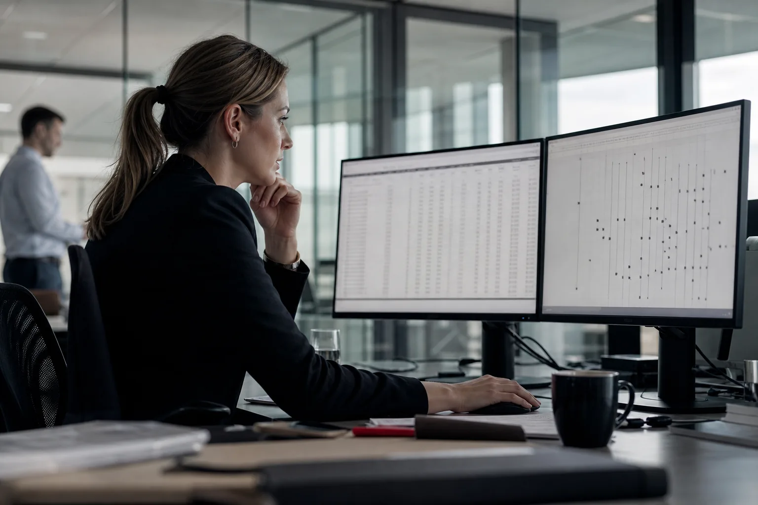 Analityczka przy dwóch monitorach z tabelą zdarzeń z rejestru spółek
