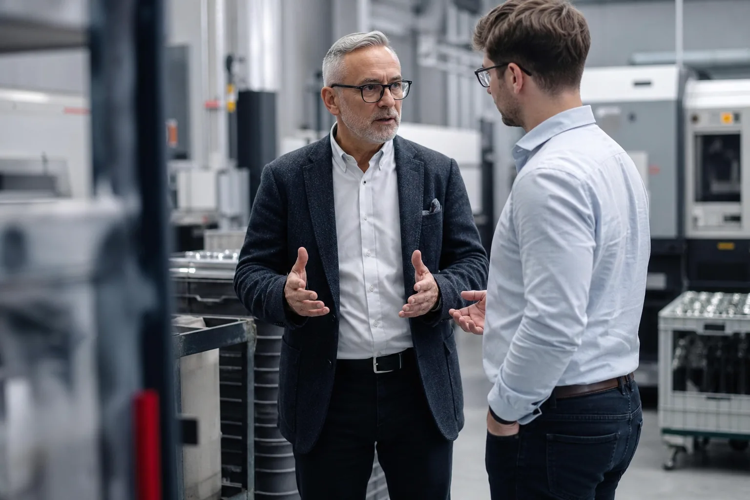 Właściciel firmy rodzinnej rozmawia z doradcą w hali produkcyjnej